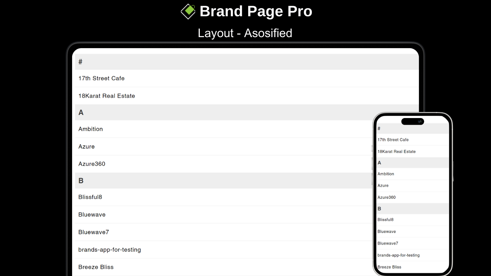 Mise en page Pro de la page de marque Asosified Shopify - Bureau et mobile