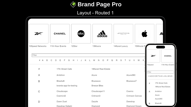 Brand Page Pro A‑Z Brands List Screenshot