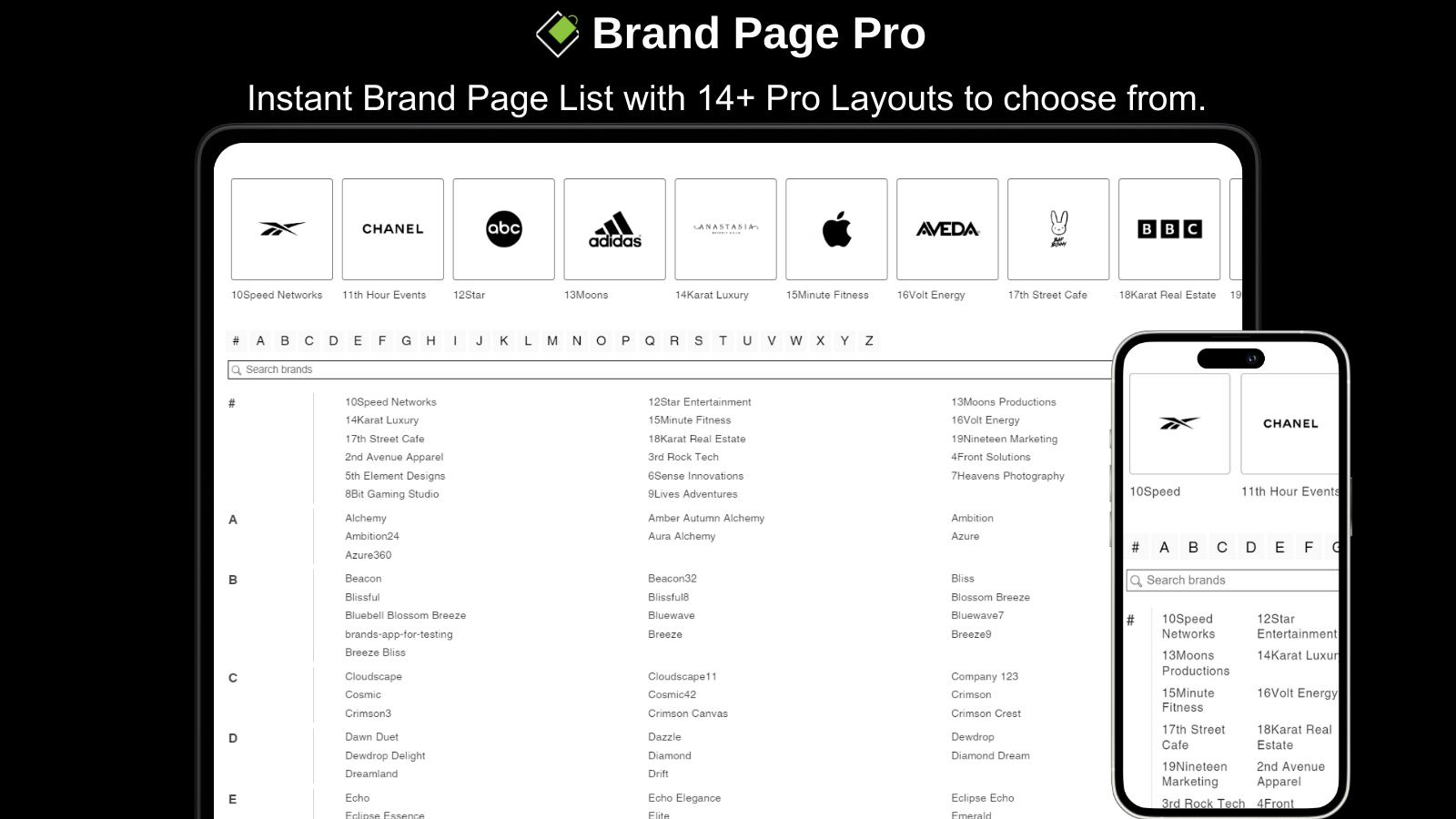 Brand Page Pro A‑Z Brands List Screenshot