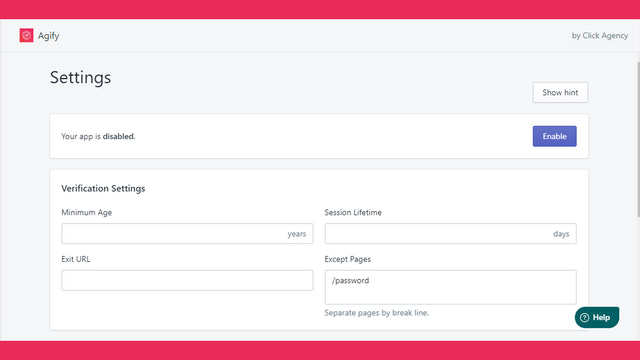 Set minimum required age, session times and the exit URL.