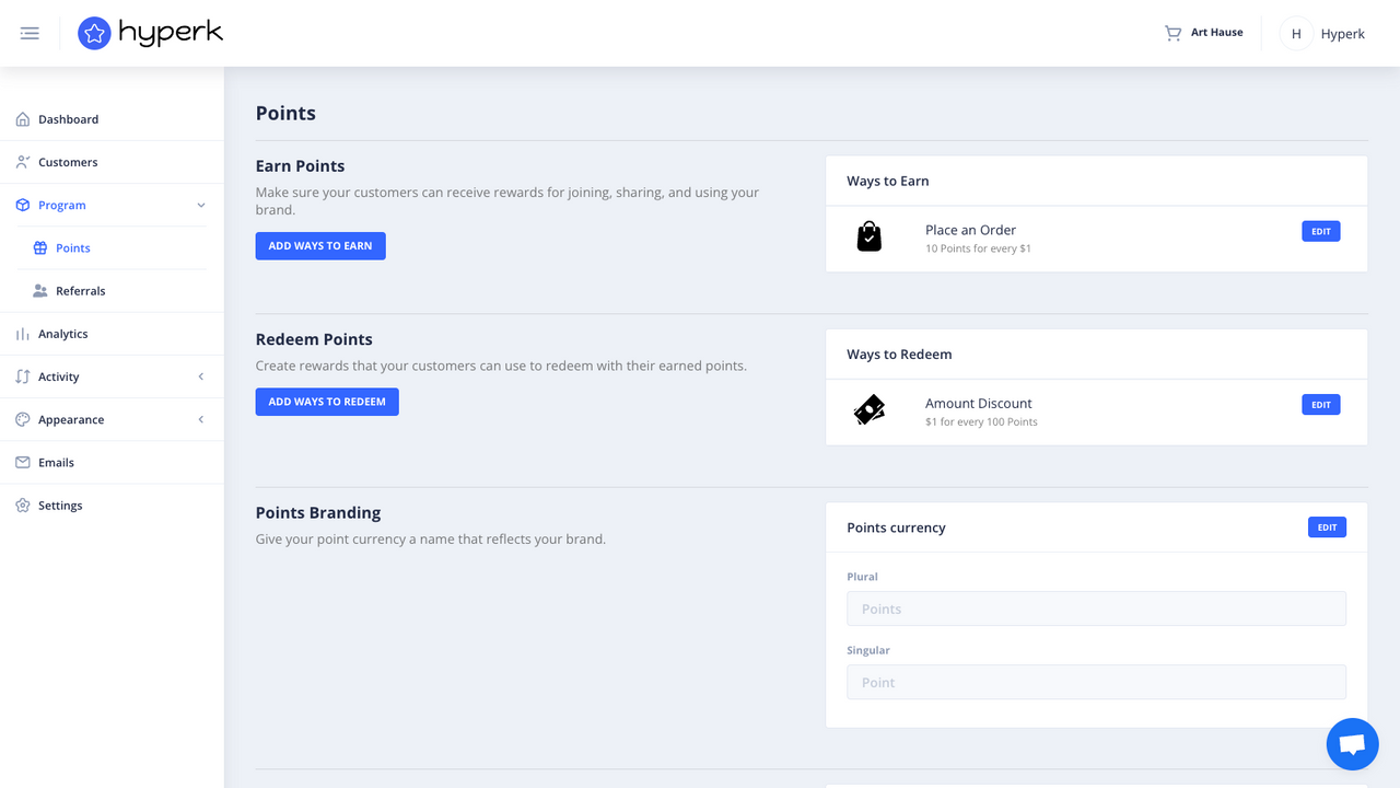 Page de configuration du programme de points