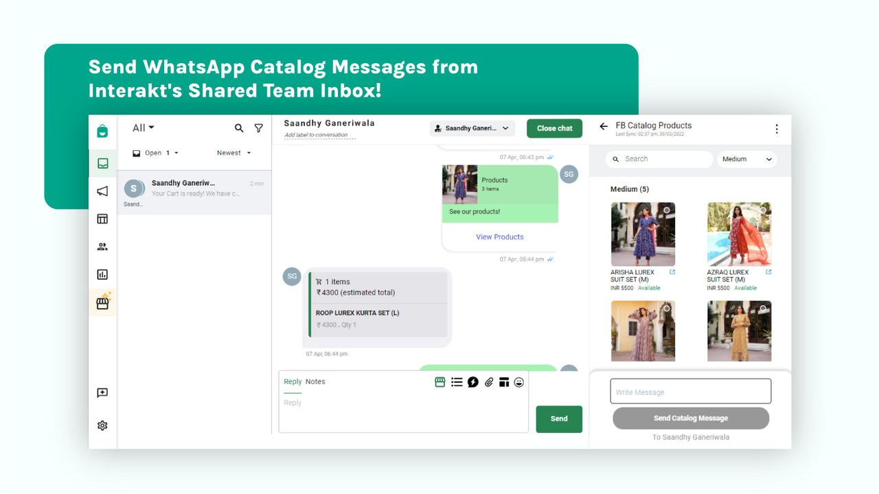 Envía mensajes de catálogo de WhatsApp desde la bandeja de entrada compartida del equipo de Interakt