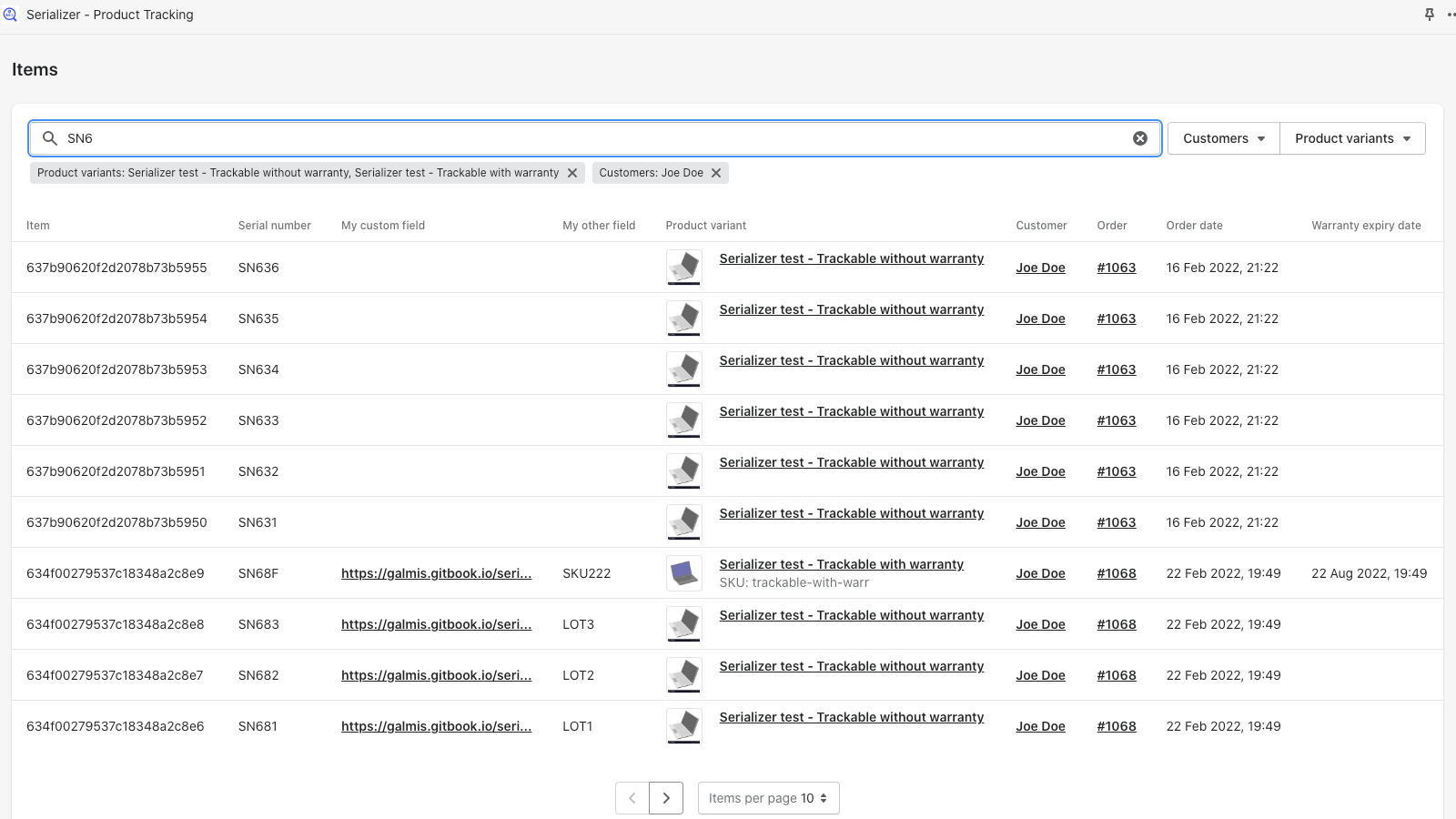 Serializer ‑ Product Tracking Screenshot