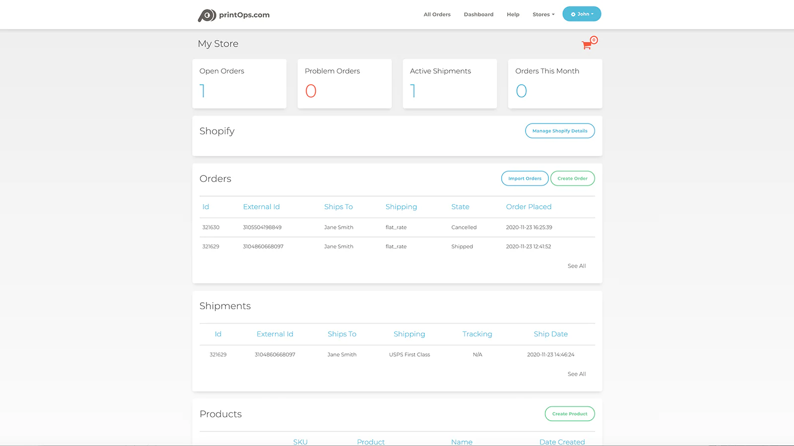 Store dashboard view