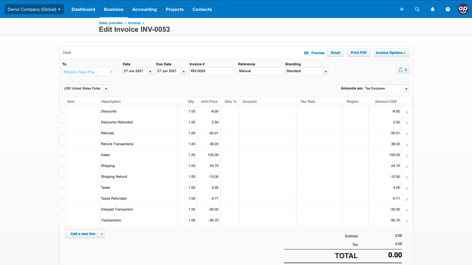 Weergave van Open Payout Factuur in Xero