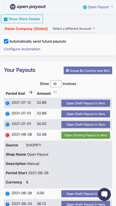 Panel de control móvil de Open Payout