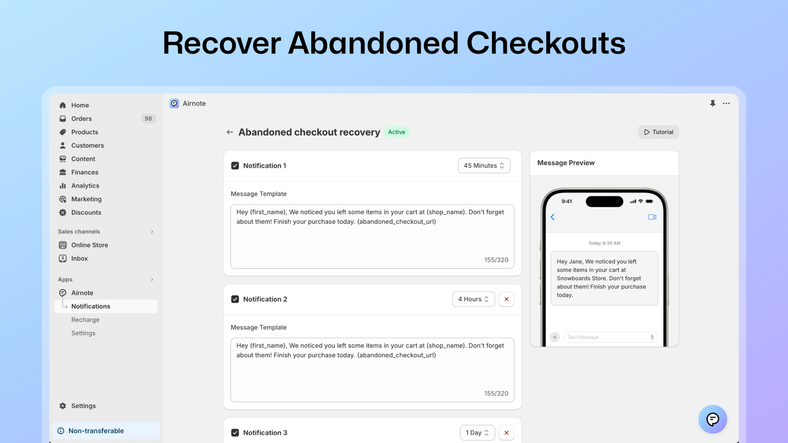 Recover abandoned cart notification flow