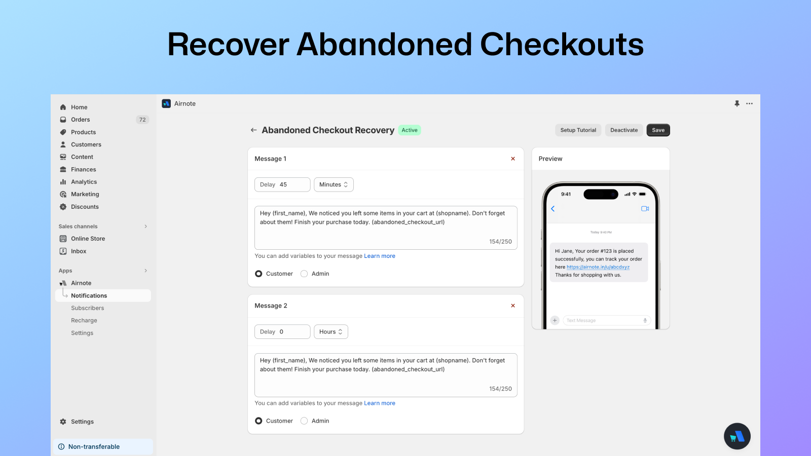 Recover abandoned cart notification flow