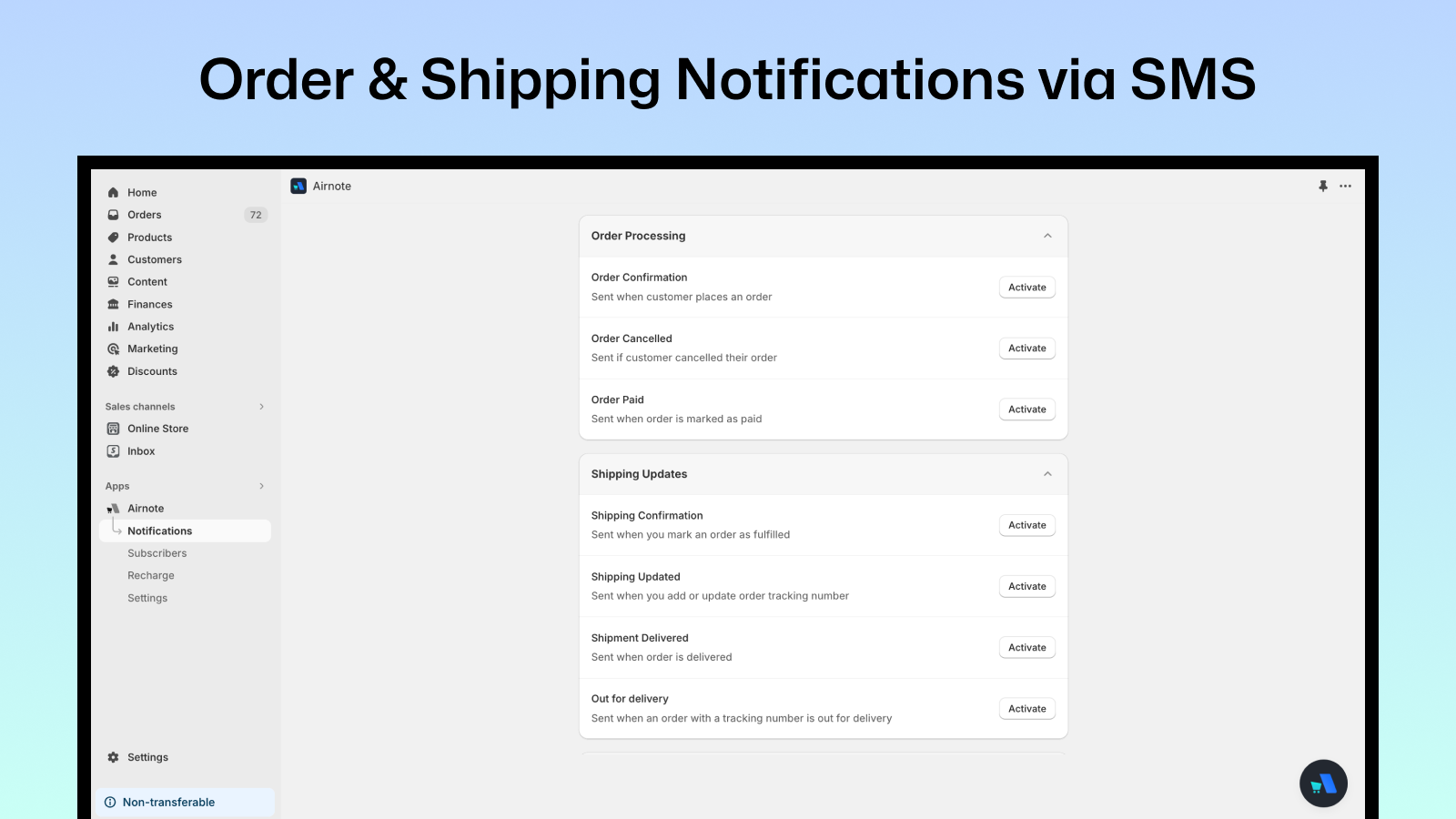 Order and Shipping SMS notifications list