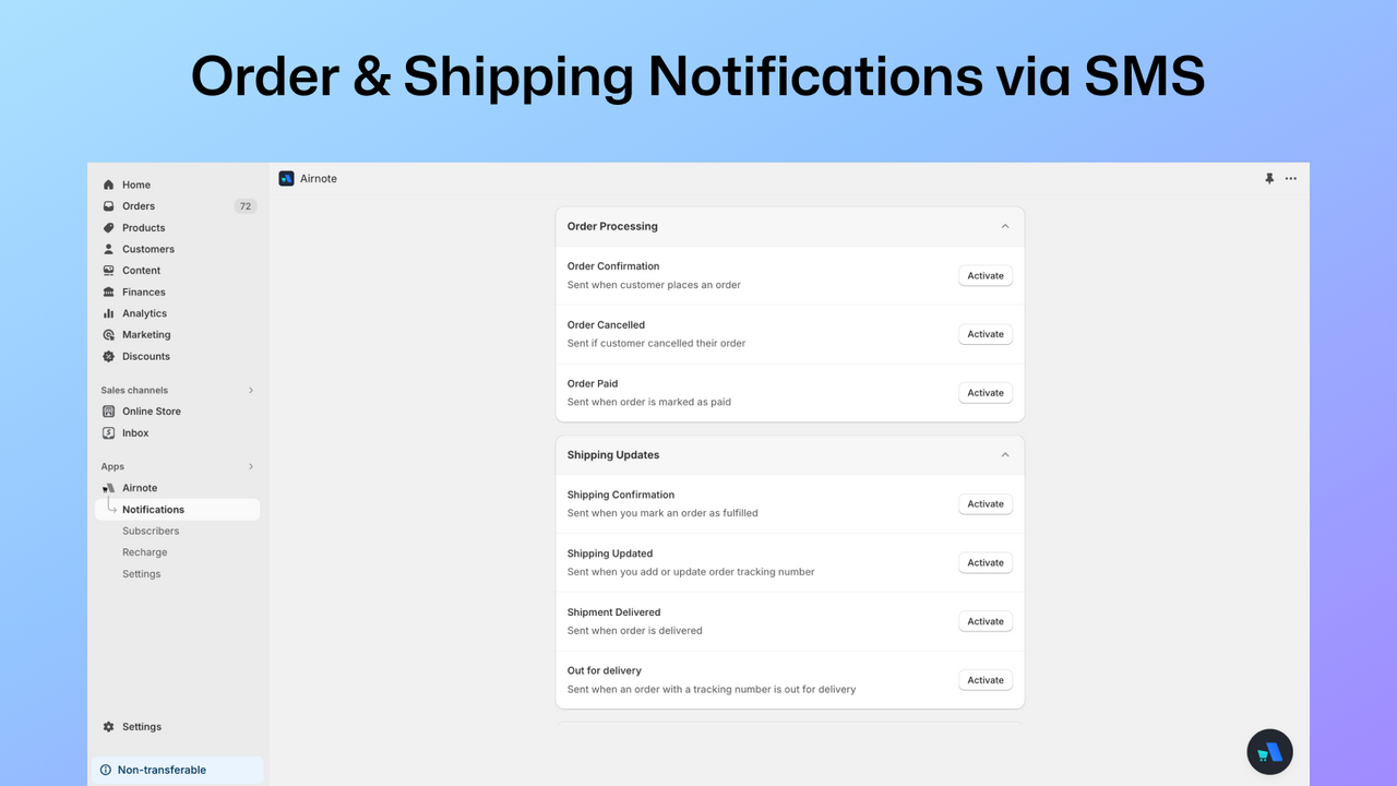 Liste des notifications SMS pour les commandes et expéditions