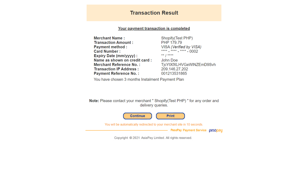 Payment success page
