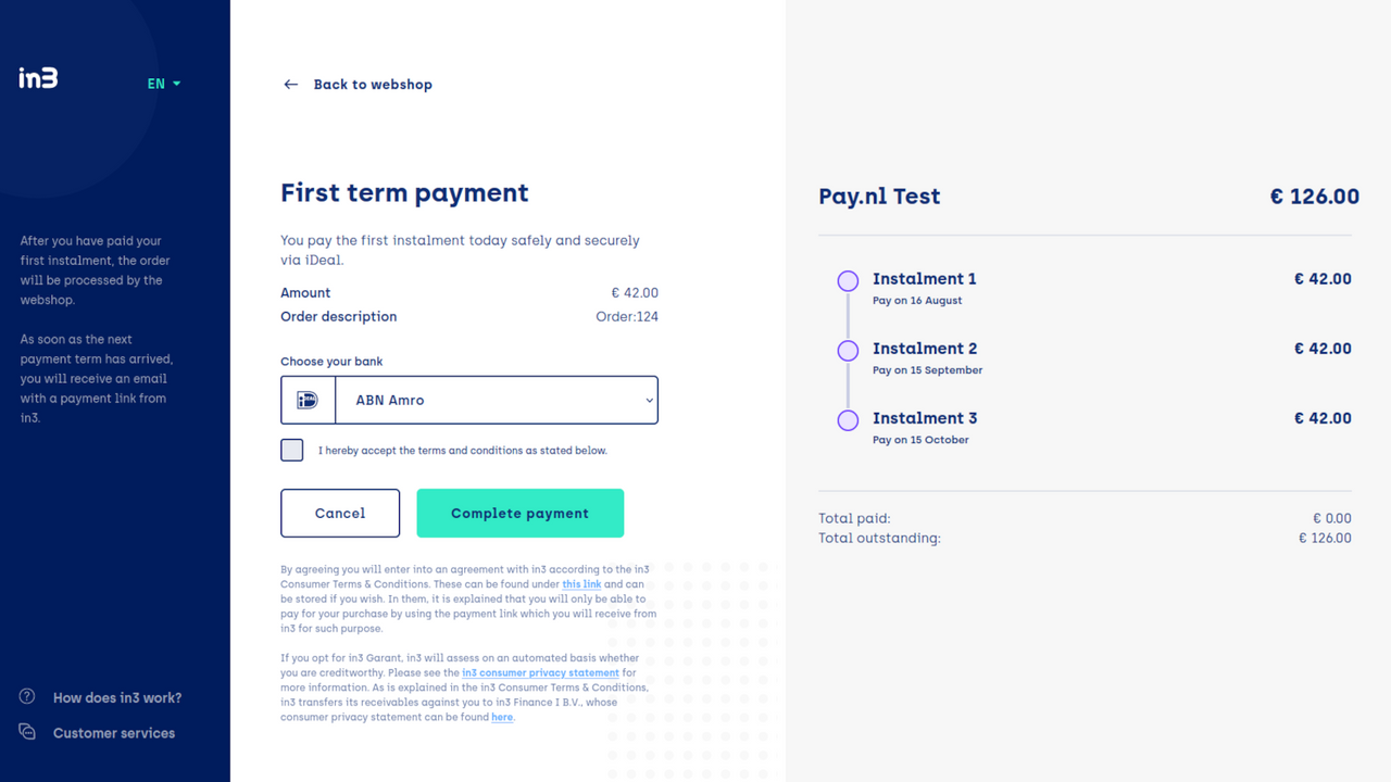 The IN3 payment screen will be shown when selected