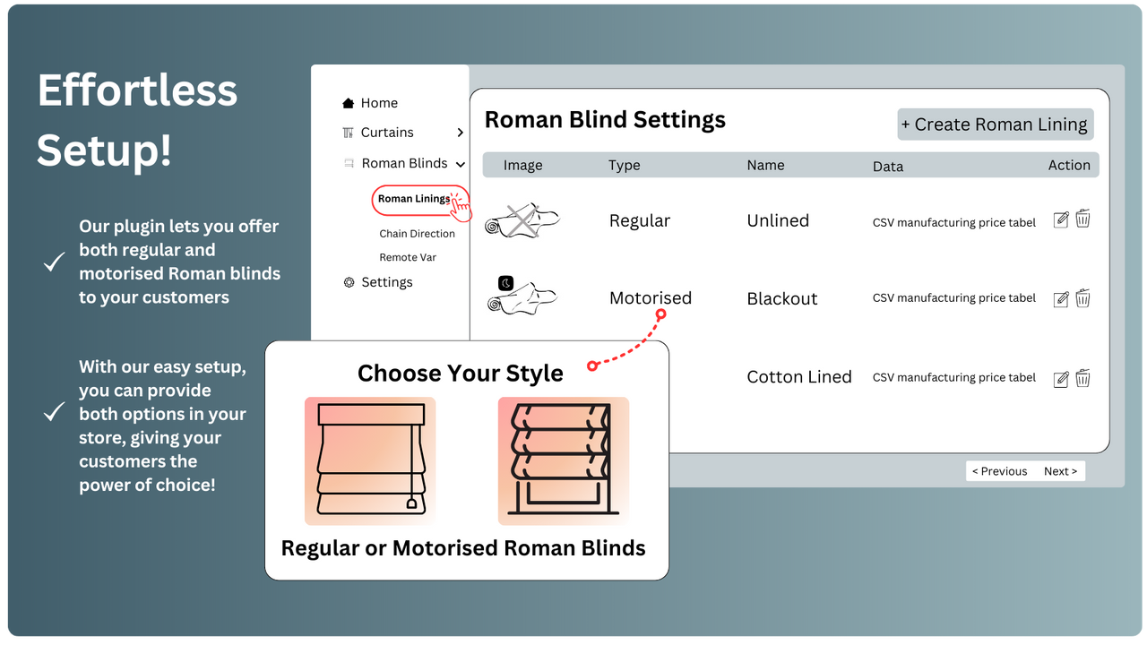 Captura de tela da interface de configurações personalizáveis de persiana romana