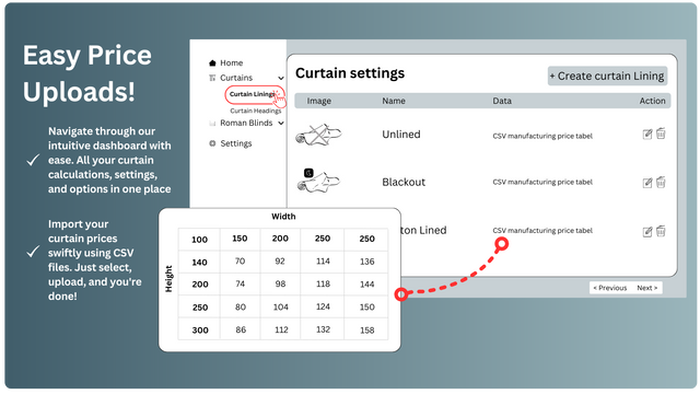 Screenshot of easy price upload feature via manufacturing tables