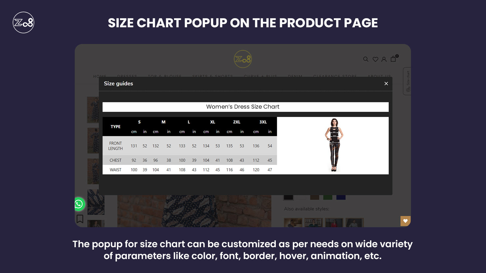 Z08 Size chart app - The popup of size chart is mobile responsiv