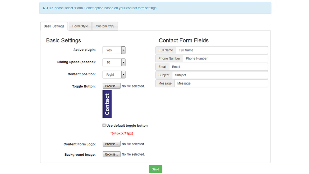 Contact form settings in the app backend