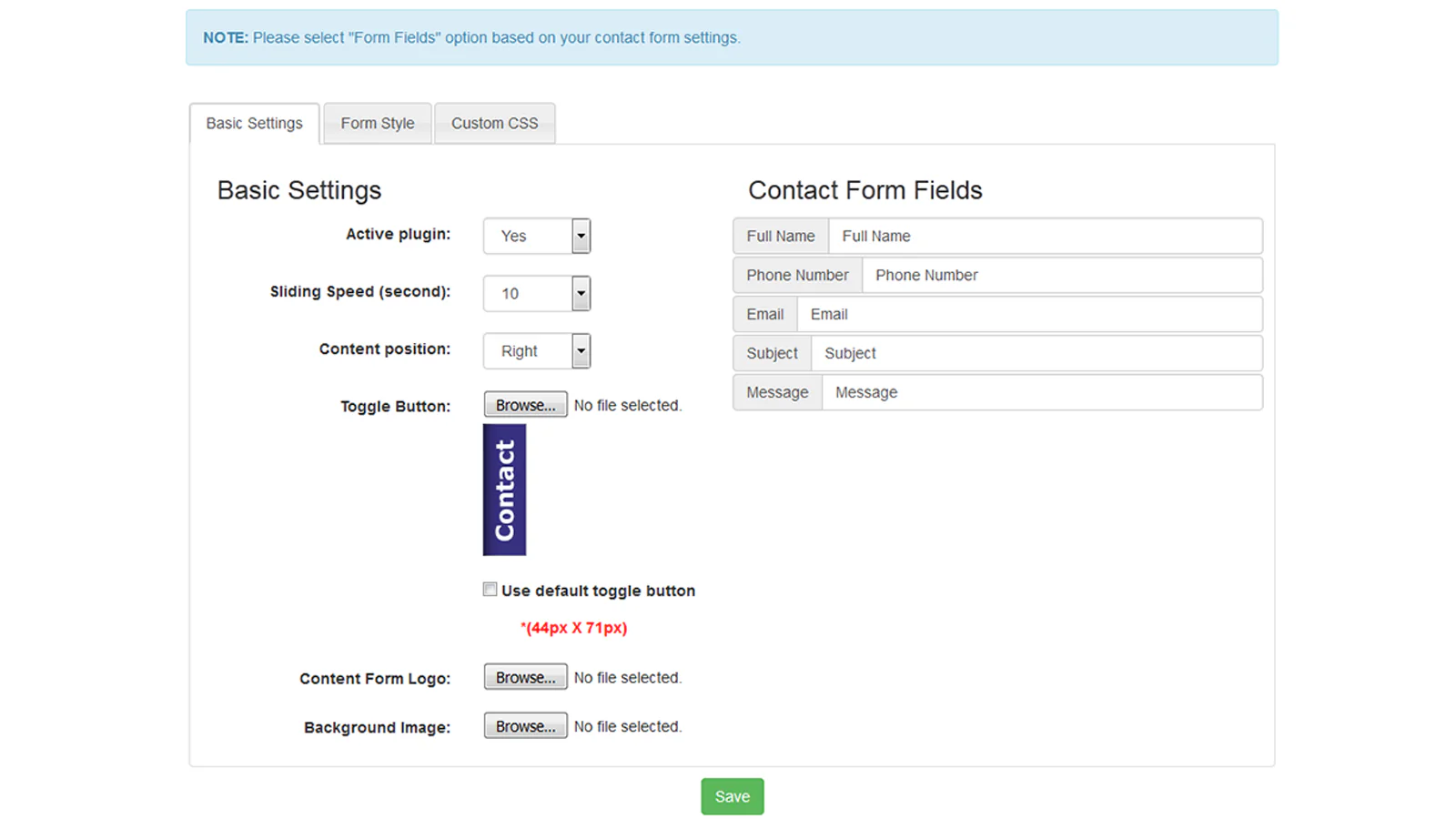 Paramètres du formulaire de contact dans le backend de l'application