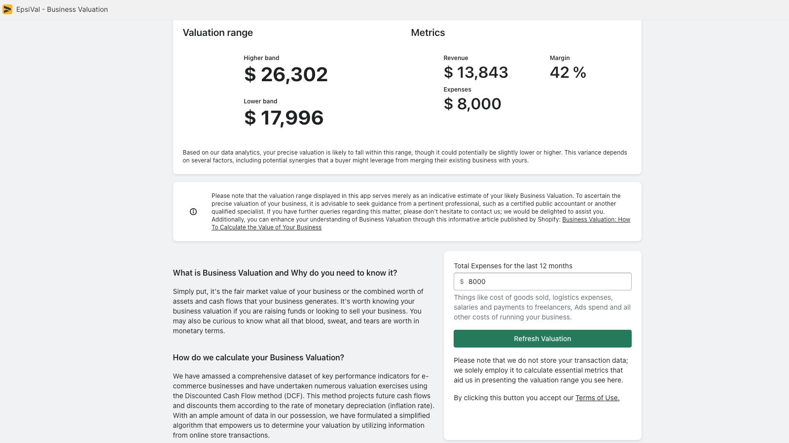 Business valuation range and key performance metrics 