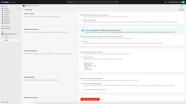 Página de configuración de la aplicación Shopify de Shapeways Fulfillment