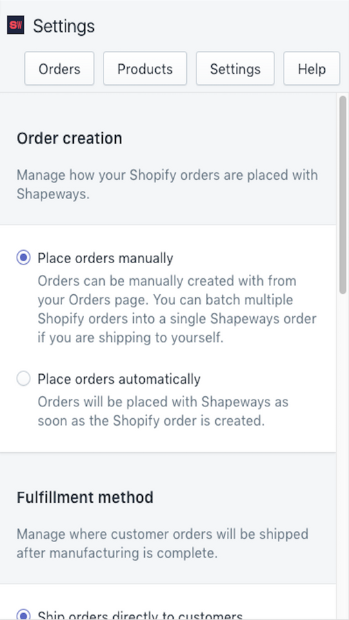 Vista móvil de la página de configuración de la aplicación Shopify de Shapeways Fulfillment
