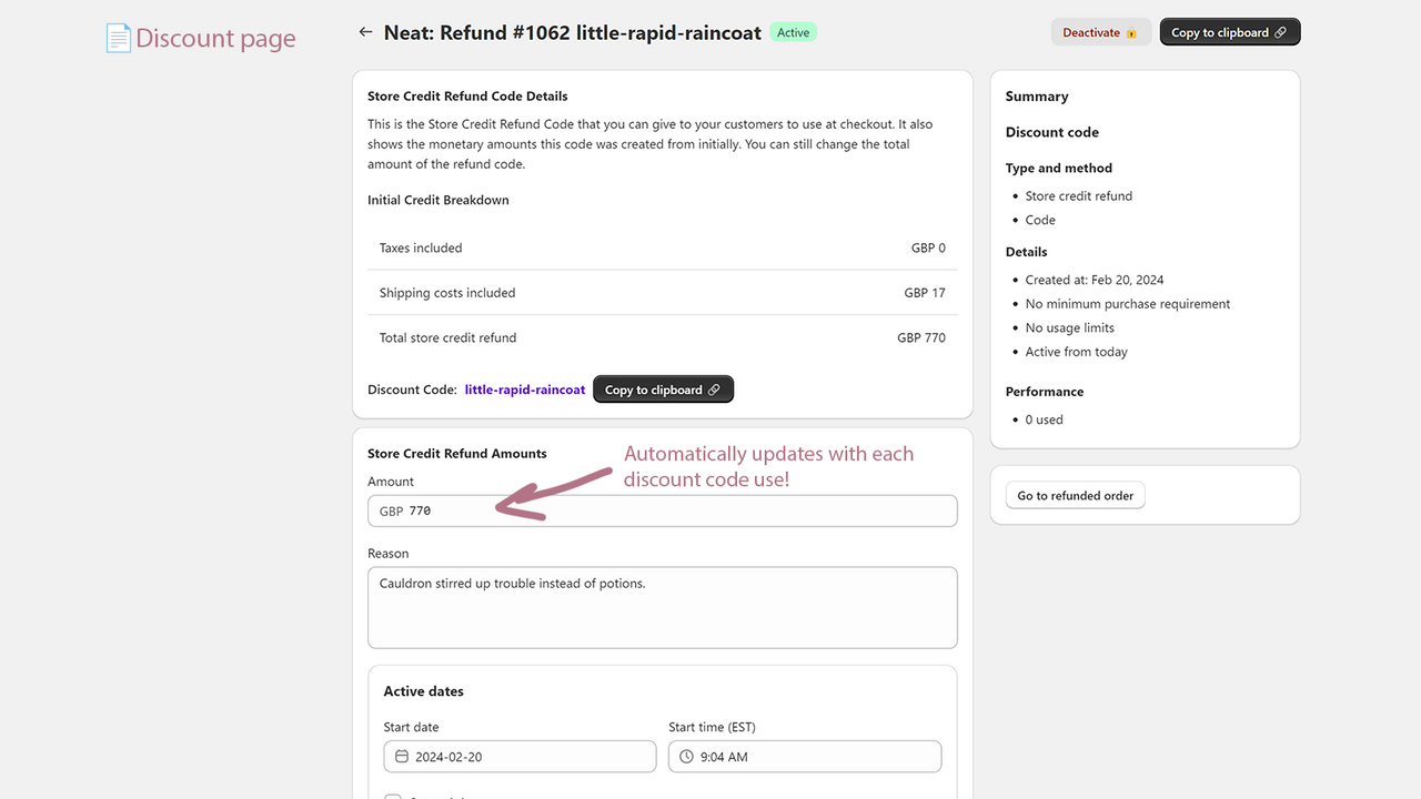 Page de détails du code de réduction