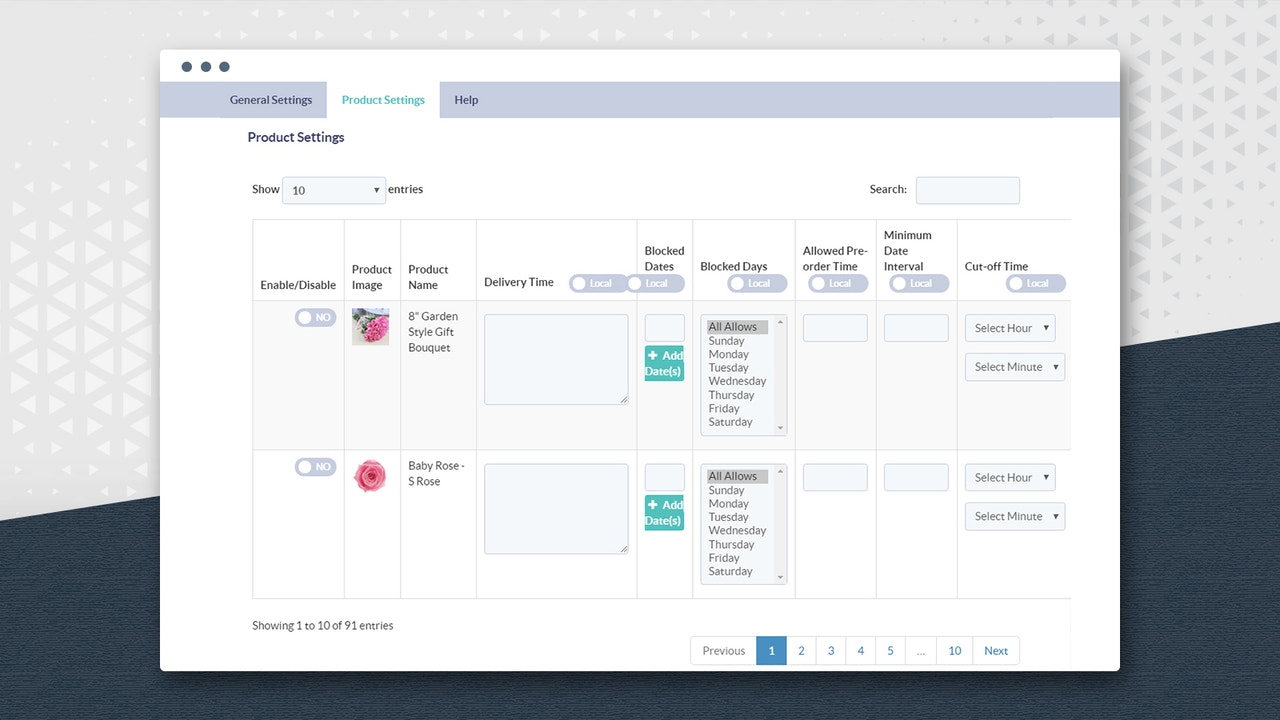 Manage delivery date & time settings for each individual product