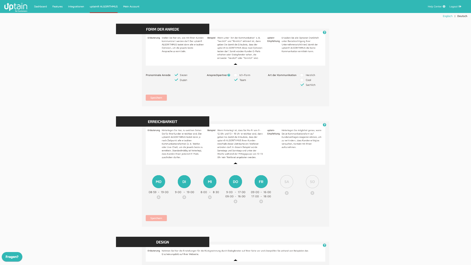 uptain algorithm settings