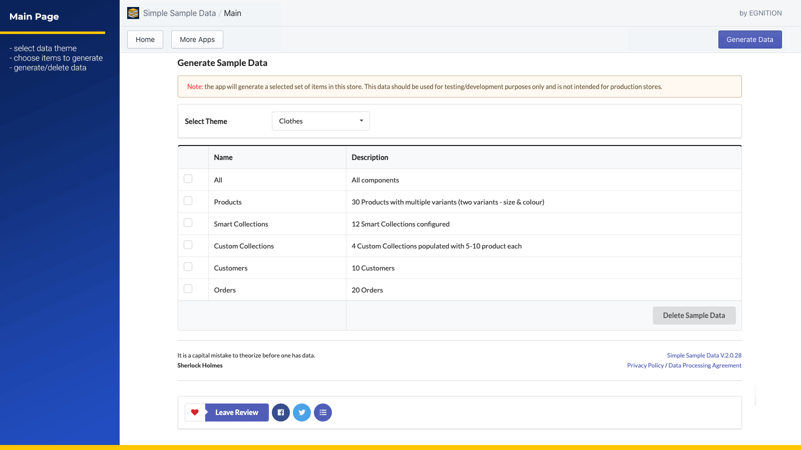 Shopify Prøve Data Hovedside