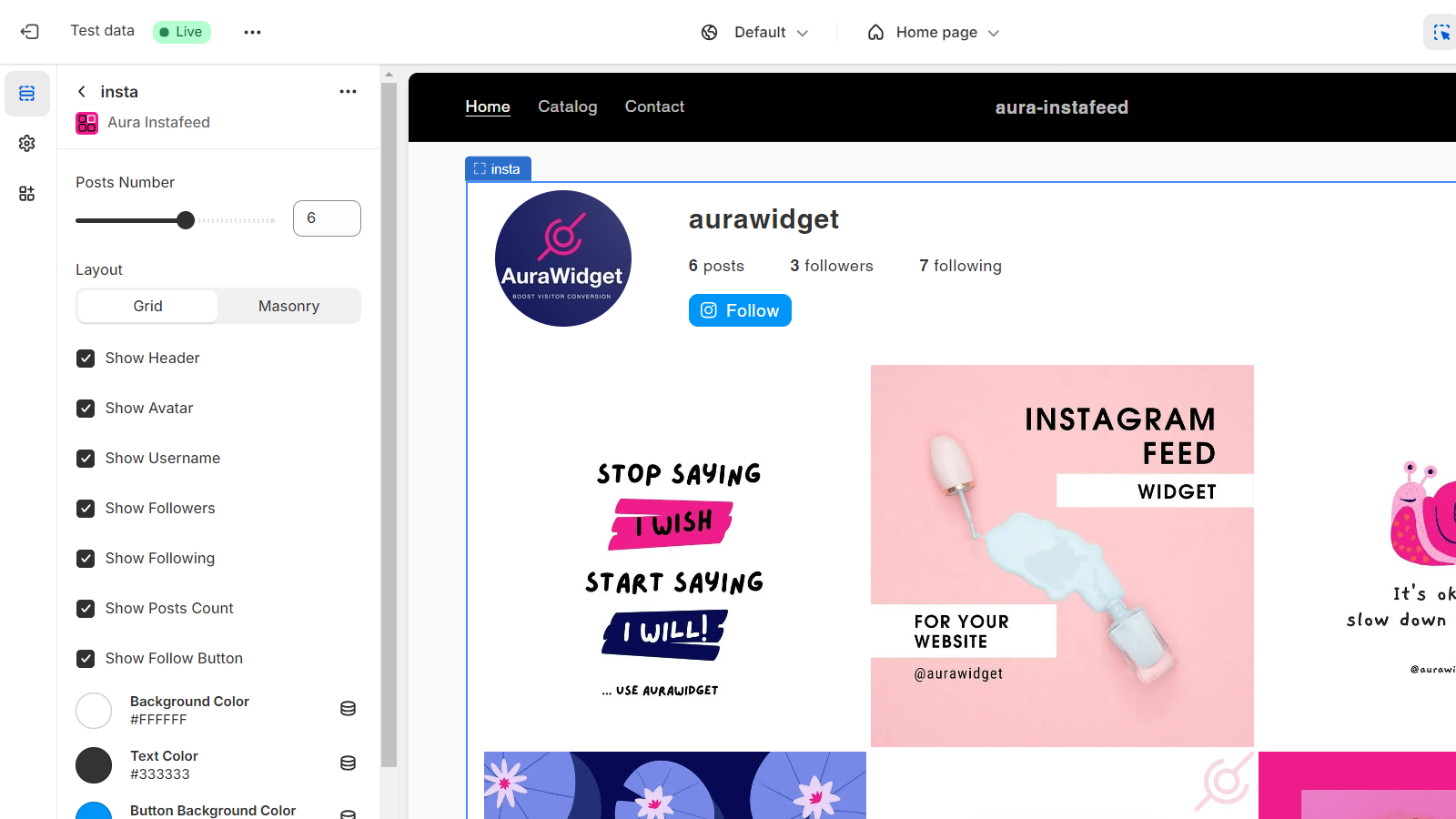 configurações do aura instafeed