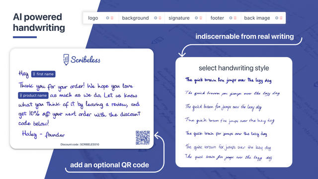 Escritura a mano realista, diseños personalizados y códigos QR