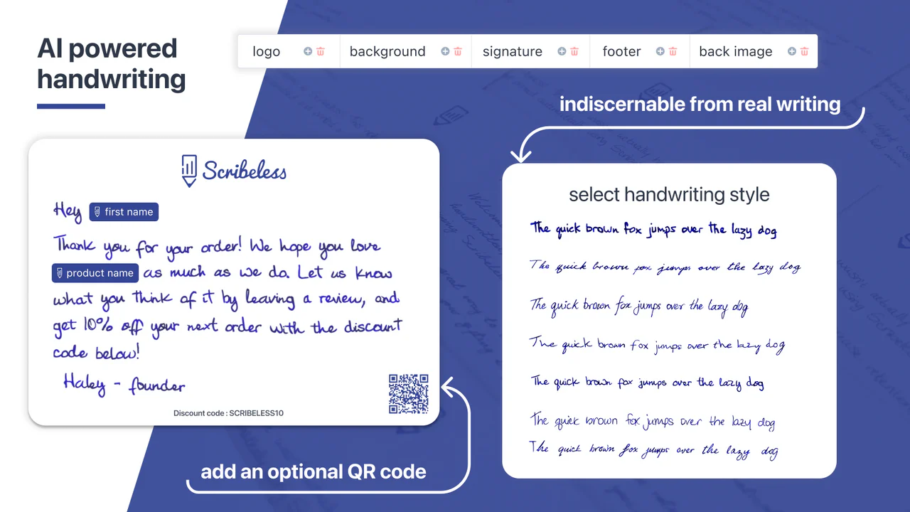 Realistic handwriting, custom designs and QR codes