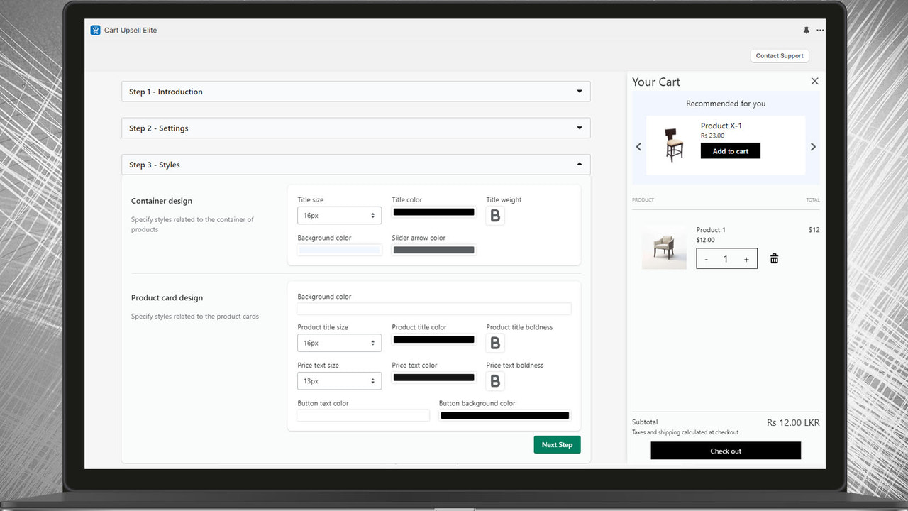 configurações de design do componente cart upsell passo 3