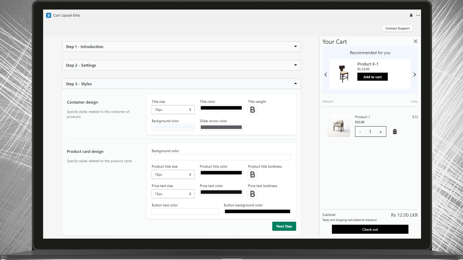 cart upsell component design settings step 3