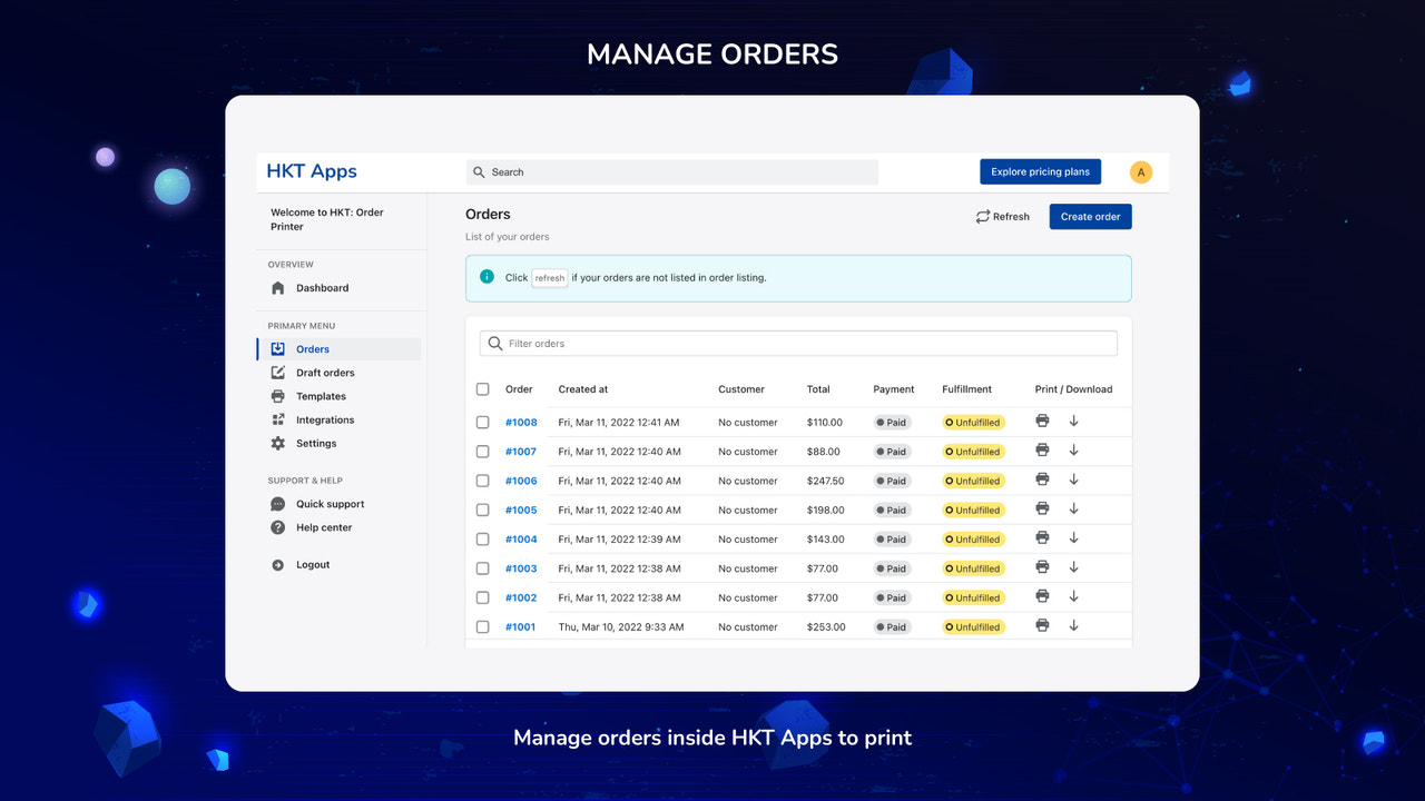 Manage orders in HKT Apps to print