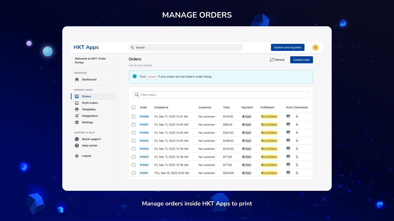 Manage orders in HKT Apps to print