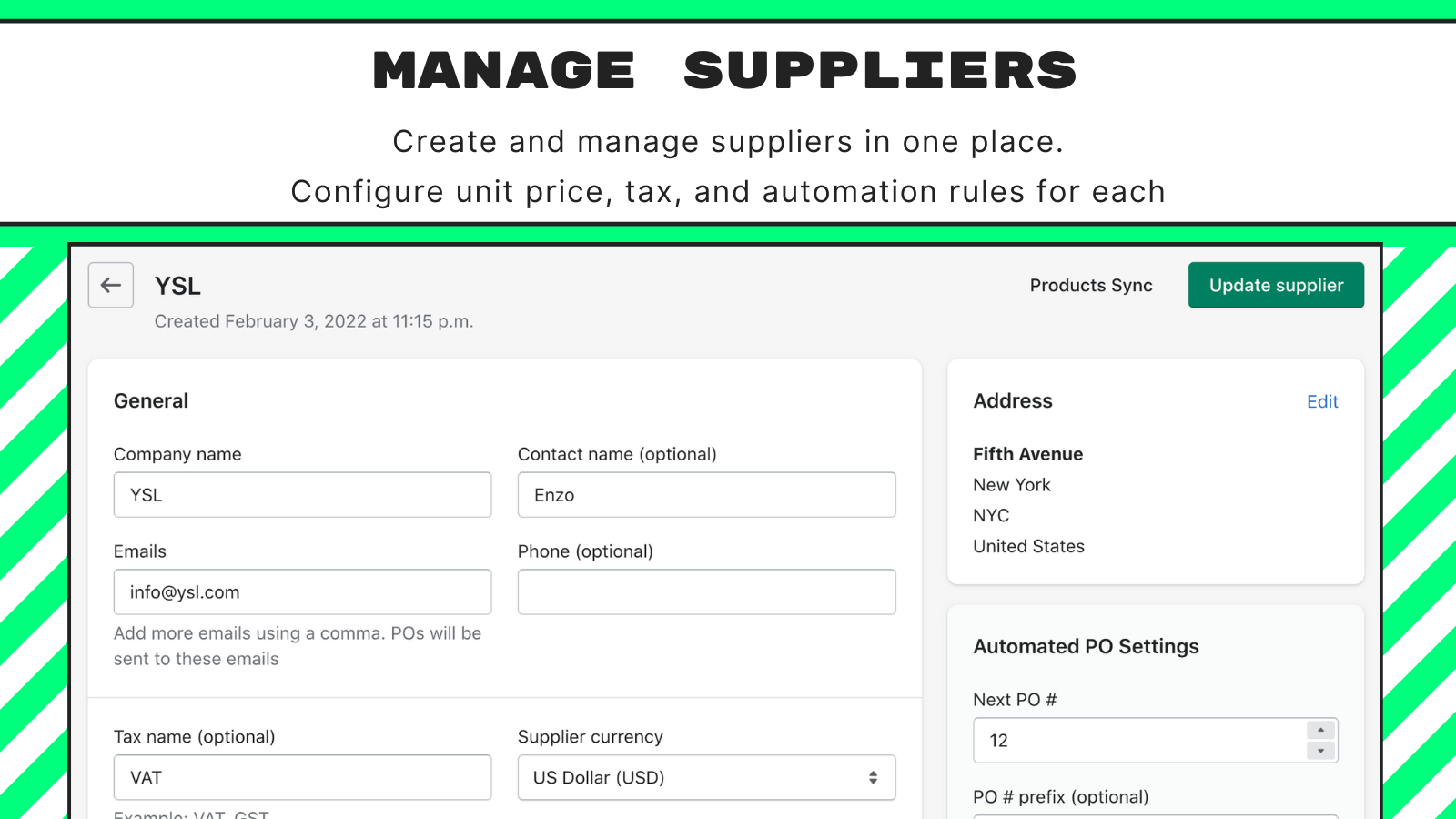 Manage suppliers. Create supplier, update and delete