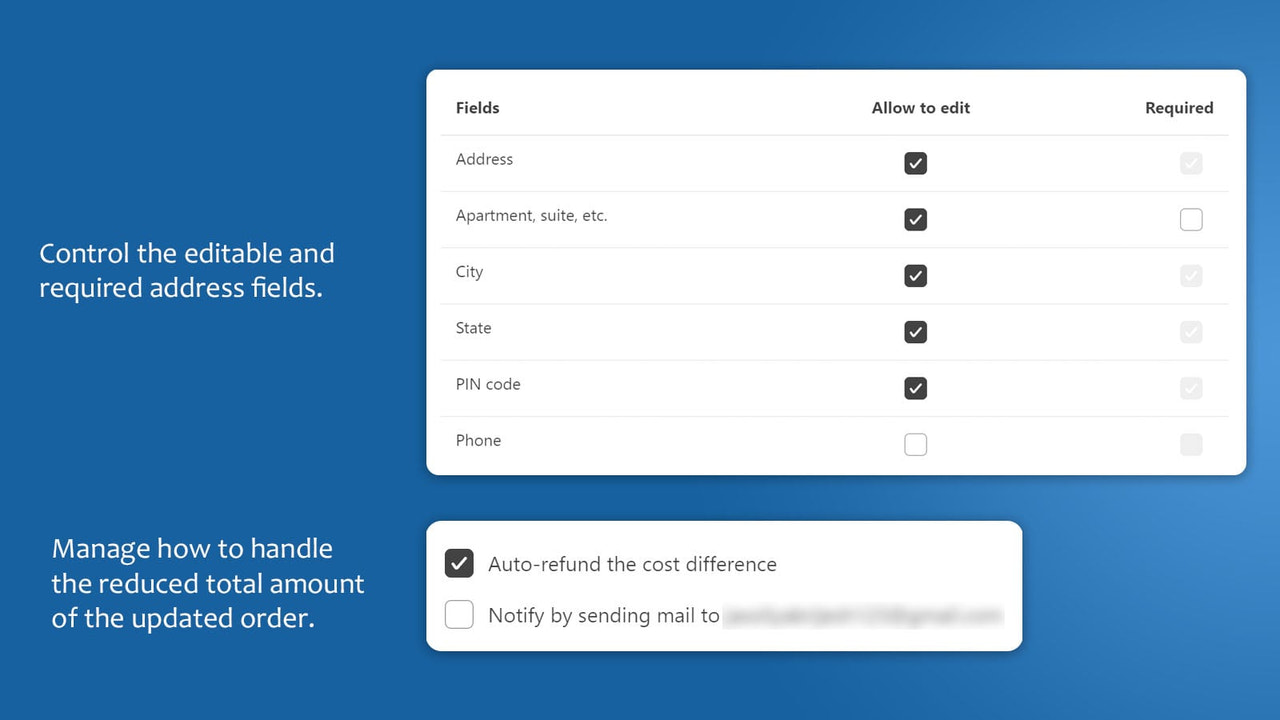 Control for address fields and to update order items