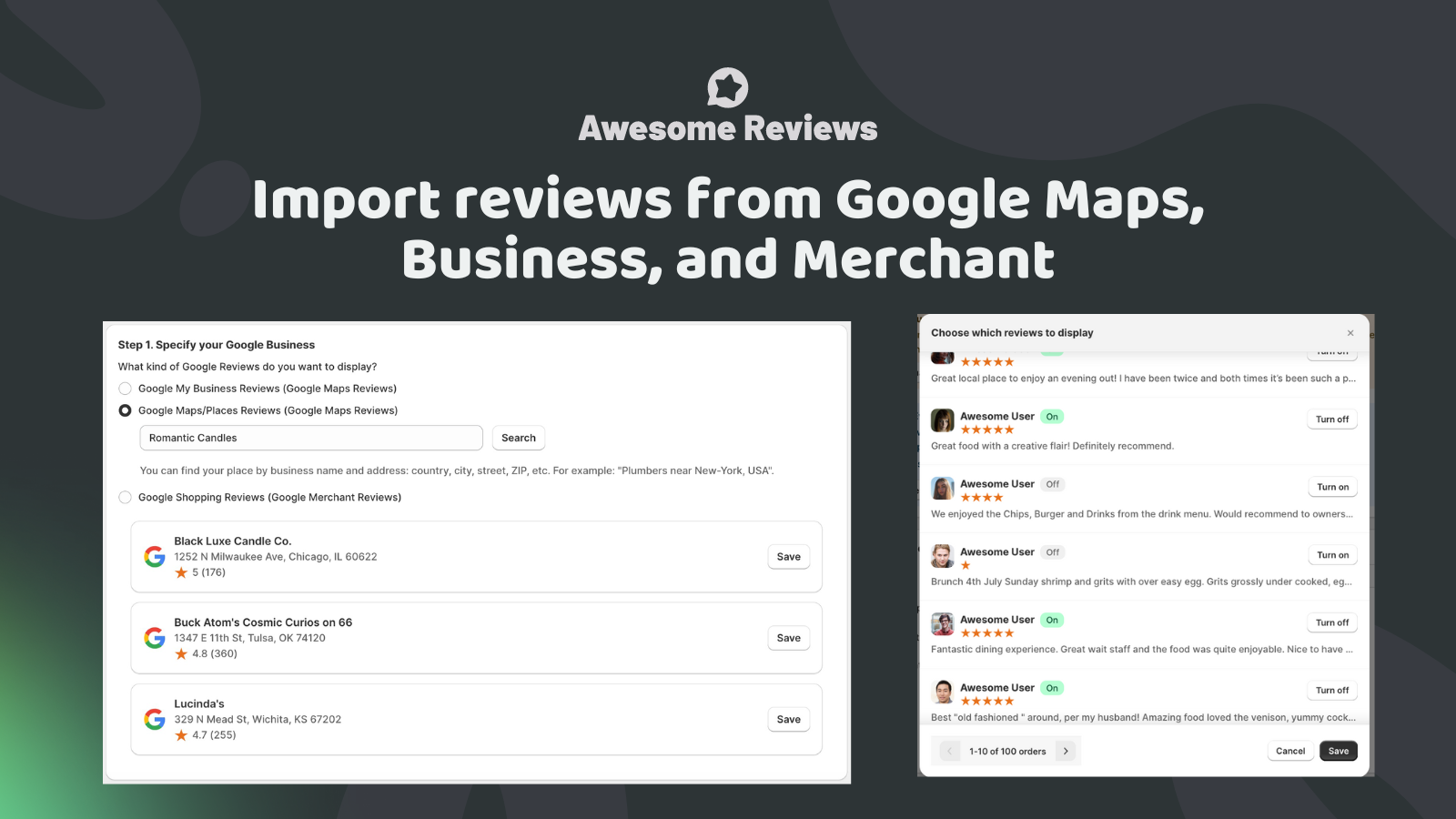 Import reviews from Google Maps, Business, and Merchant.