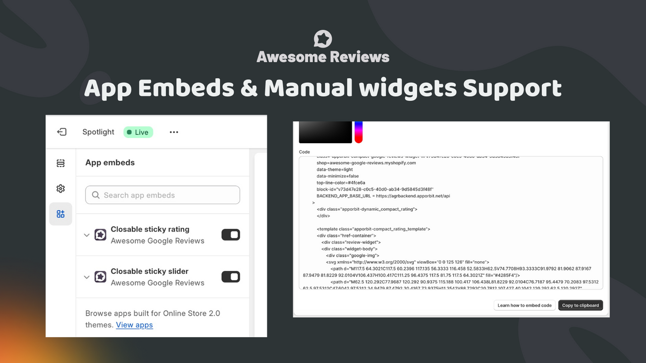 Soporte para incrustaciones de aplicaciones y widgets manuales