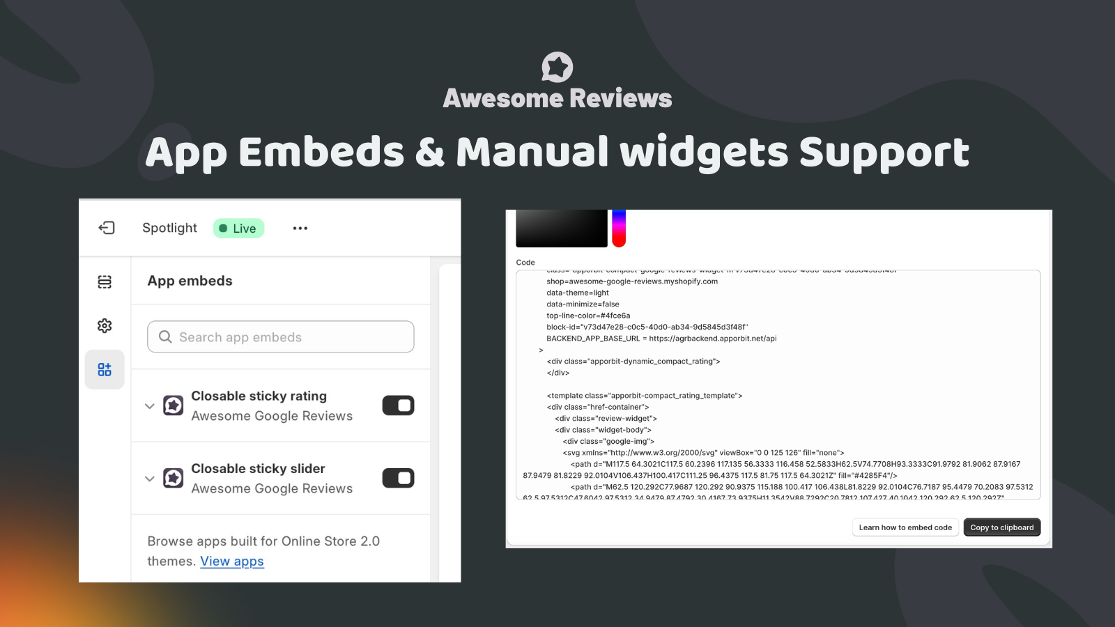 App Embeds & Manual widgets Support