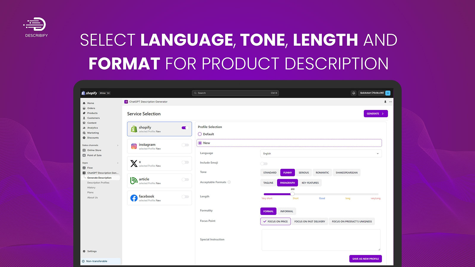 Selecione idioma, tom, comprimento e formato para descrição do produto