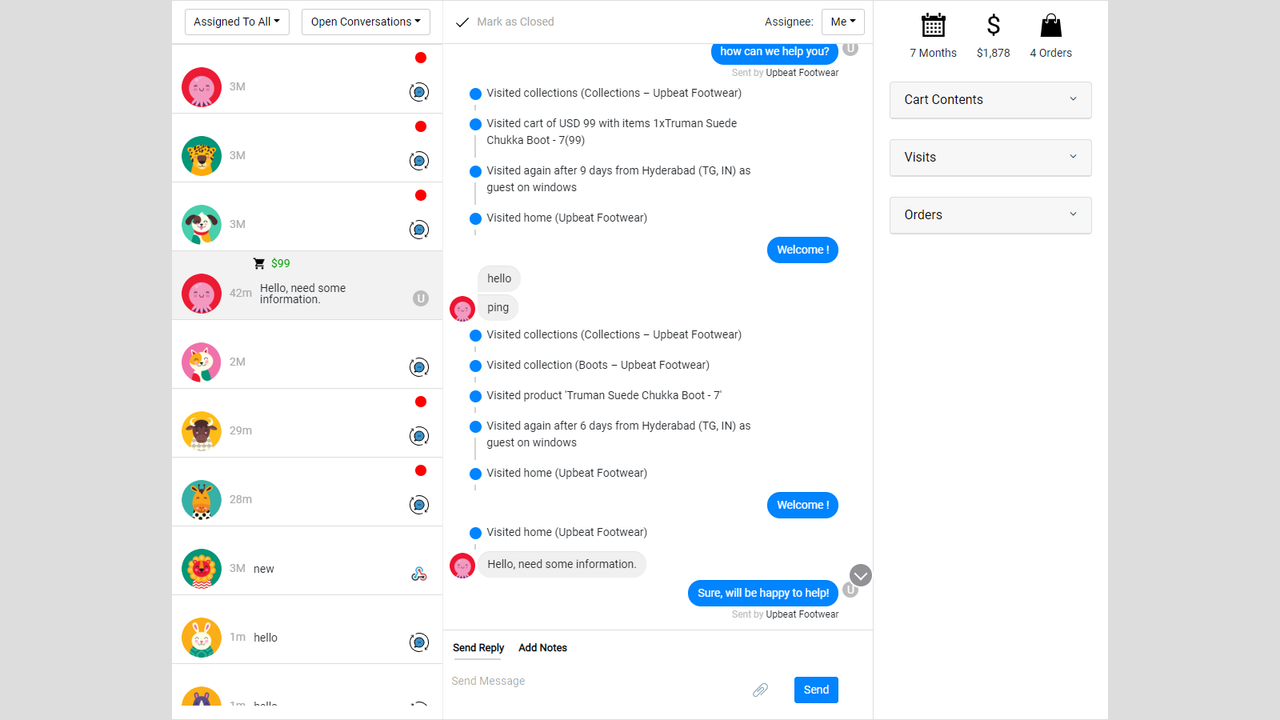 Messaging-Posteingang für die Teammitglieder des Händlers