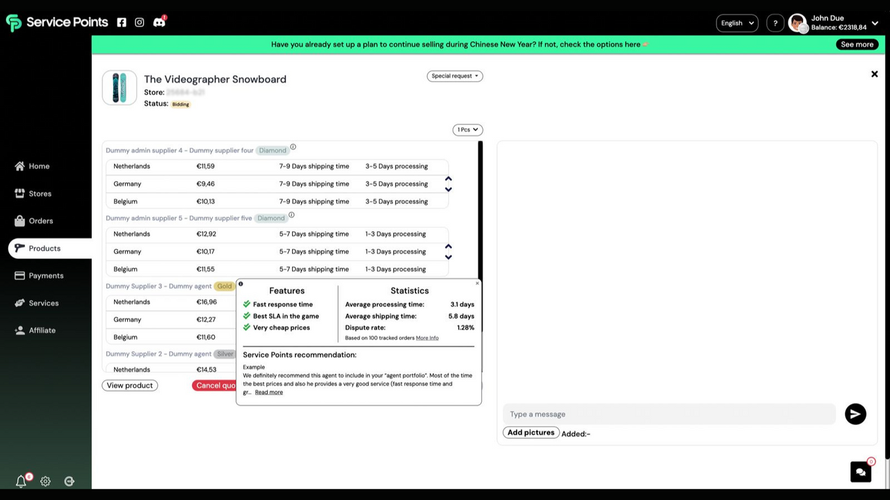 Supplier performance and bidding section