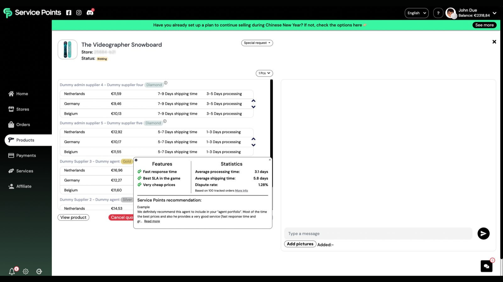 Supplier performance and bidding section