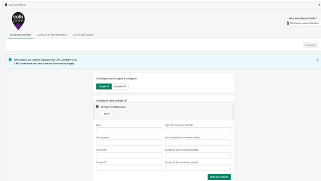 onglet de configuration du compte