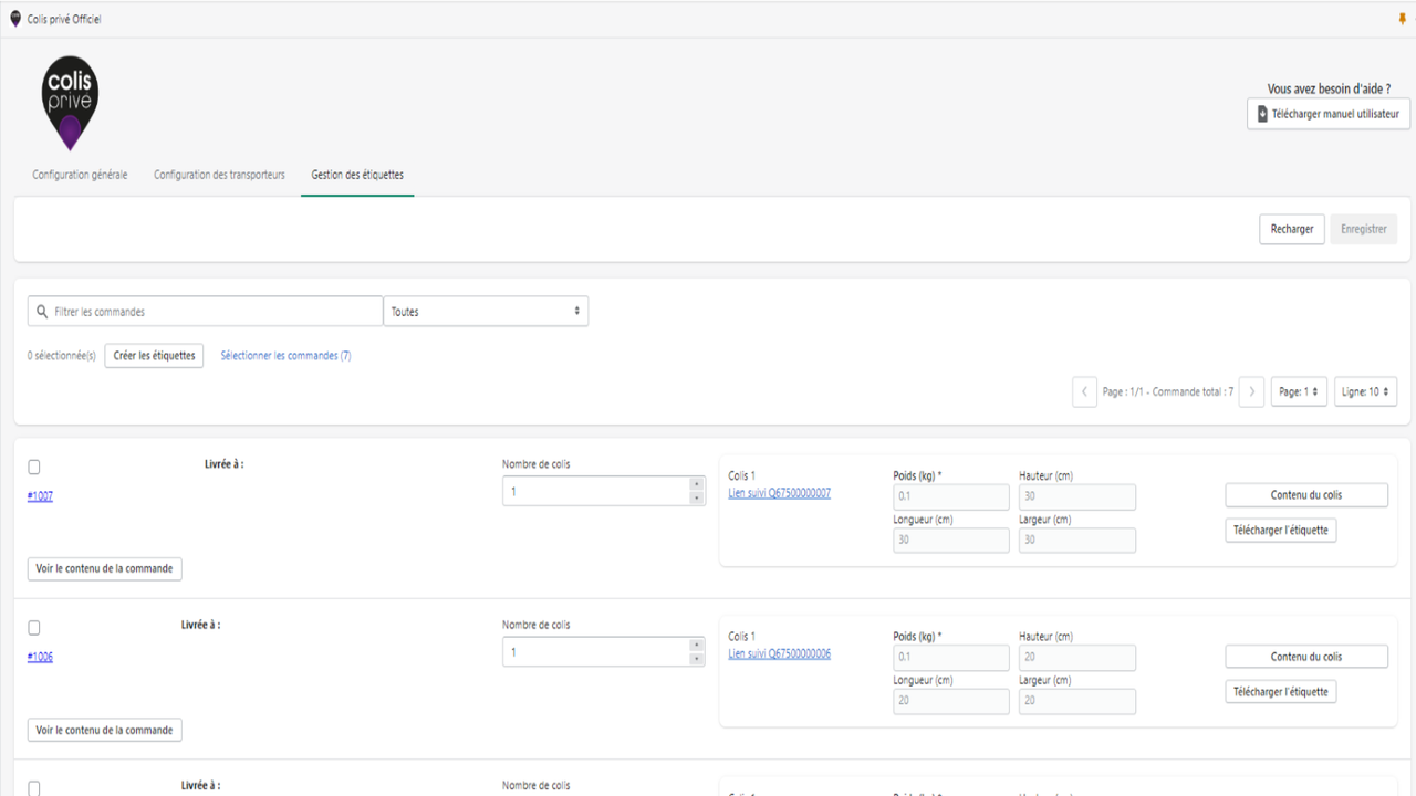 onglet gestion des commandes