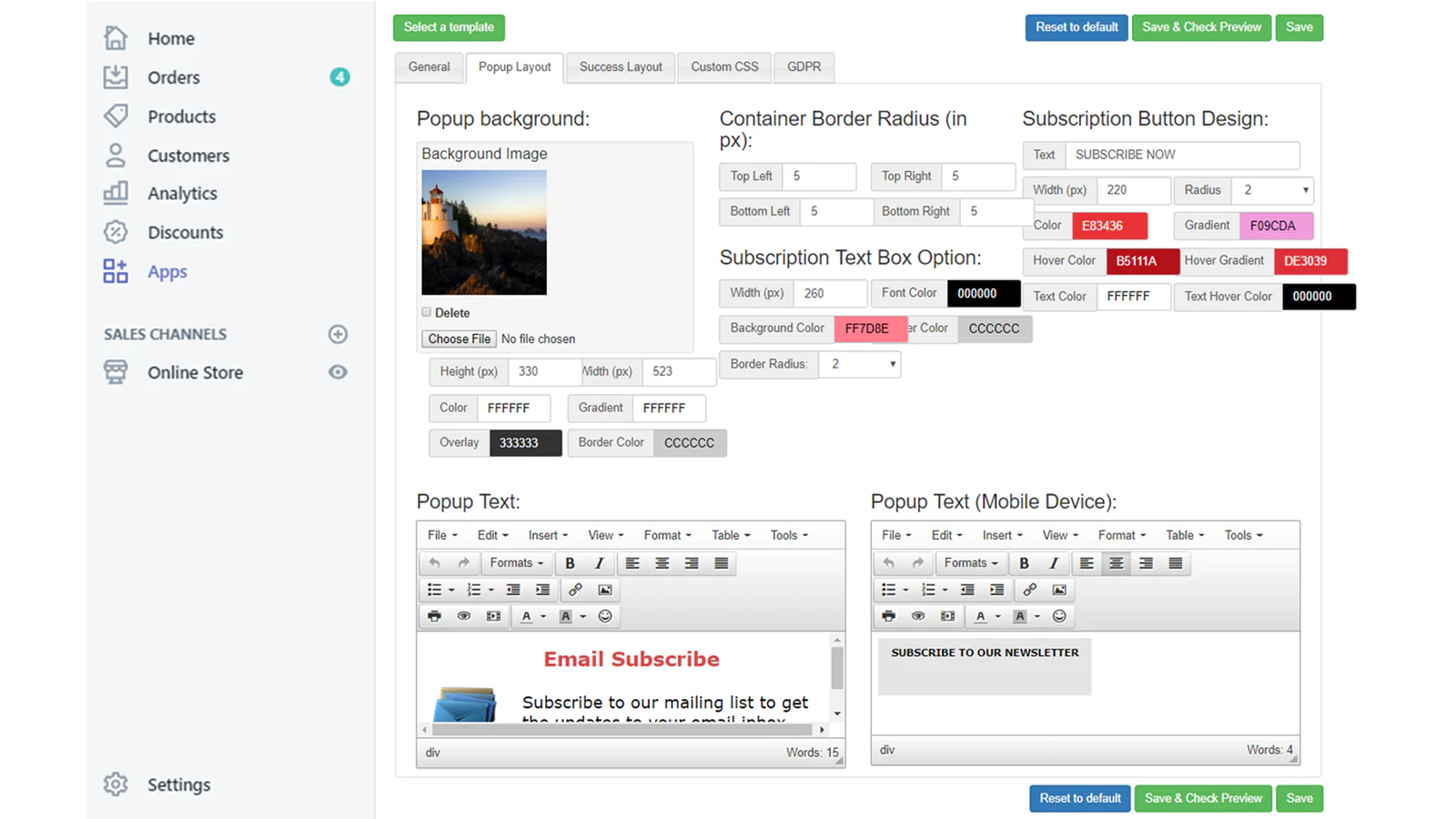 App Backend - Popup design panel