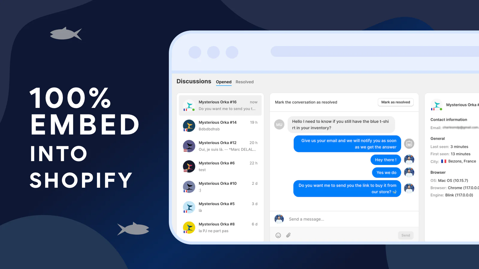 orka live chat Dashboard ist 100% in Shopify eingebettet