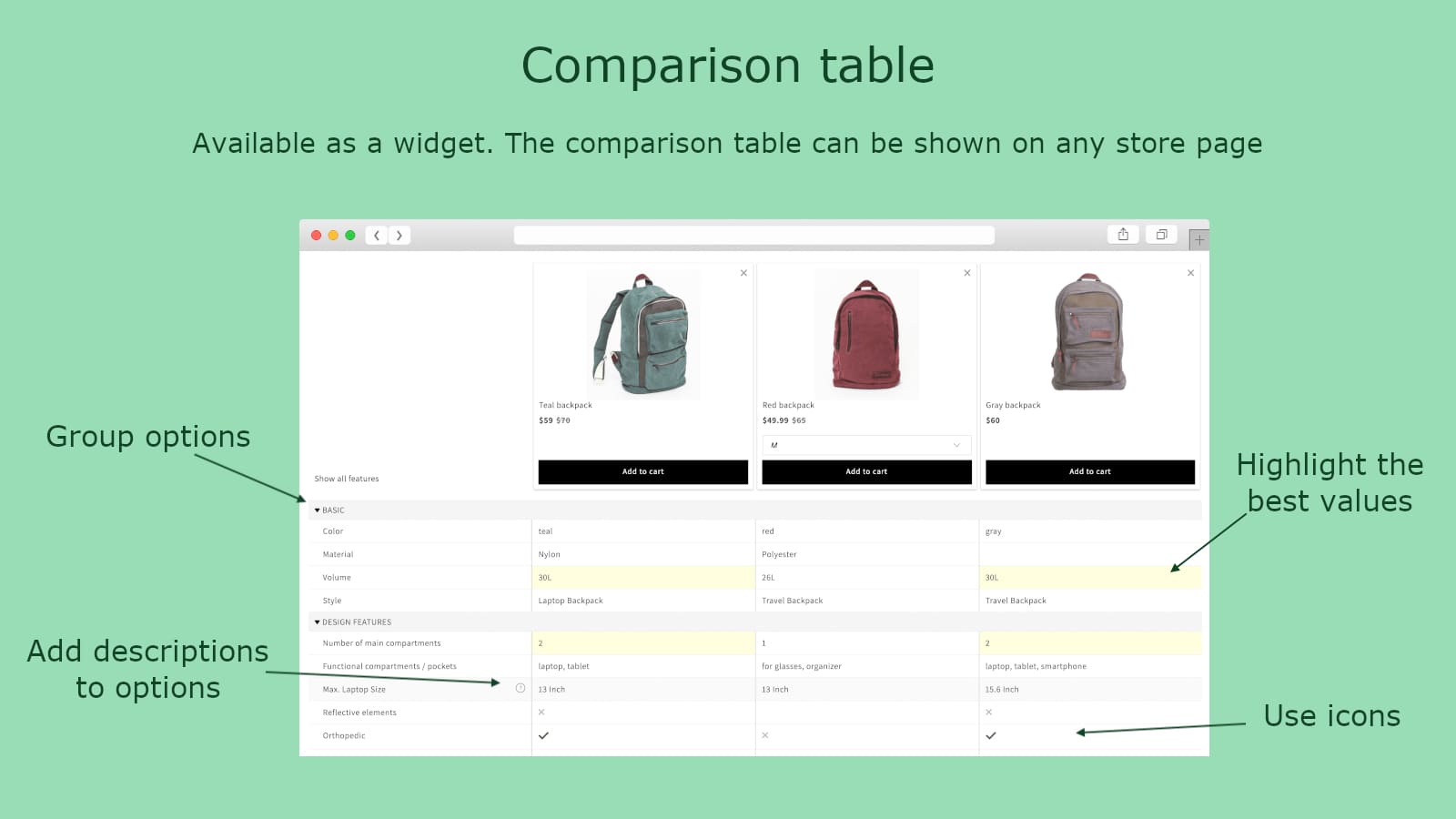 Comparable  Compare Products - Compare products by custom options. Product comparison table'