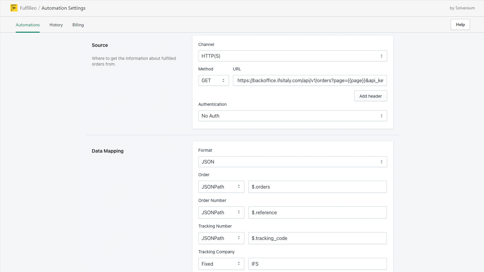 Fulfillment Automation Settings - HTTP and JSON (REST API)